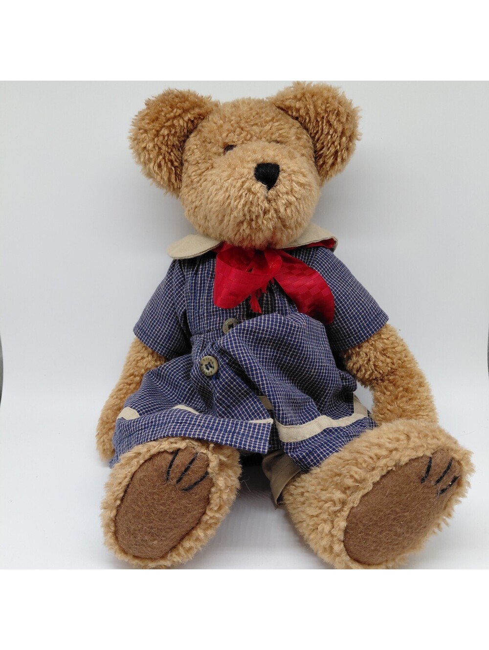 Boyds Bears Jointed Teddy Bear Plush Blue Dress Red Bow Vintage Stuffed Animal